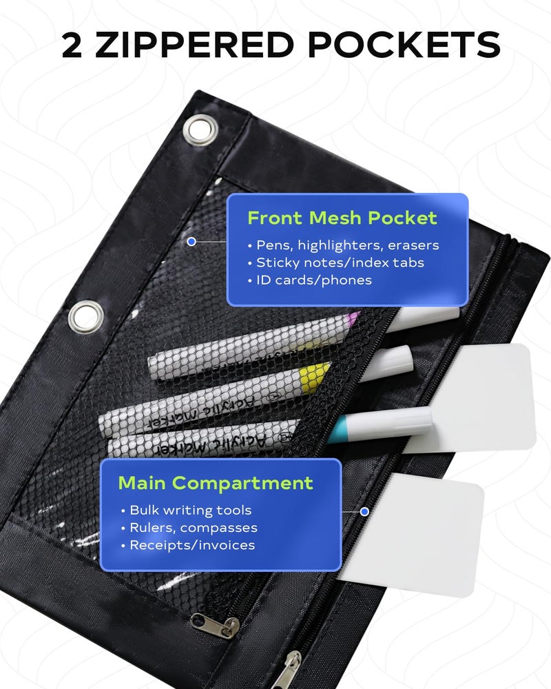 INNOIO 3 Ring Binder Pencil Pouch - School Pencil Case with 2 Zippered Pockets, Clear Mesh Window Pencil Bag, B5 Size, Back to School Gifts (Black) - Image 3