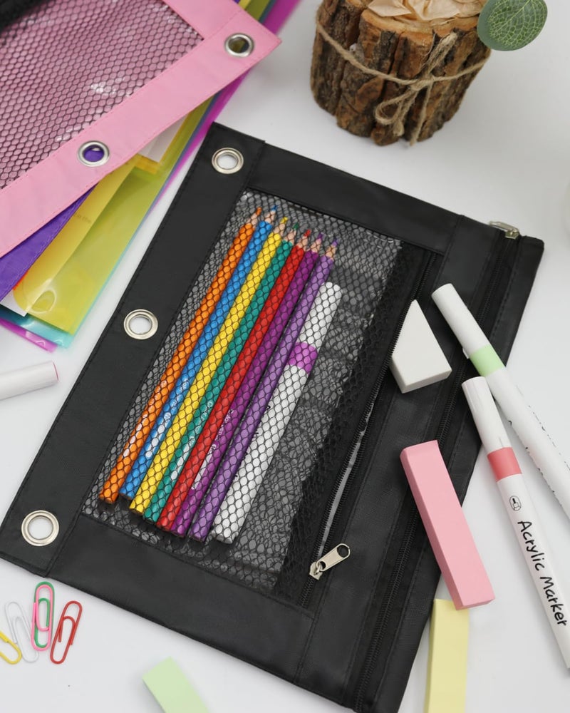 INNOIO 3 Ring Binder Pencil Pouch - School Pencil Case with 2 Zippered Pockets, Clear Mesh Window Pencil Bag, B5 Size, Back to School Gifts (Black) - Image 2