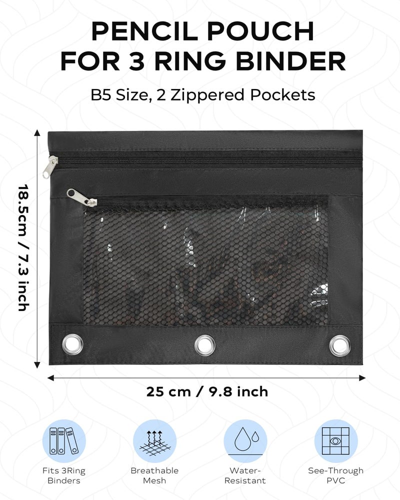 INNOIO 3 Ring Binder Pencil Pouch - School Pencil Case with 2 Zippered Pockets, Clear Mesh Window Pencil Bag, B5 Size, Back to School Gifts (Black) - Image 4