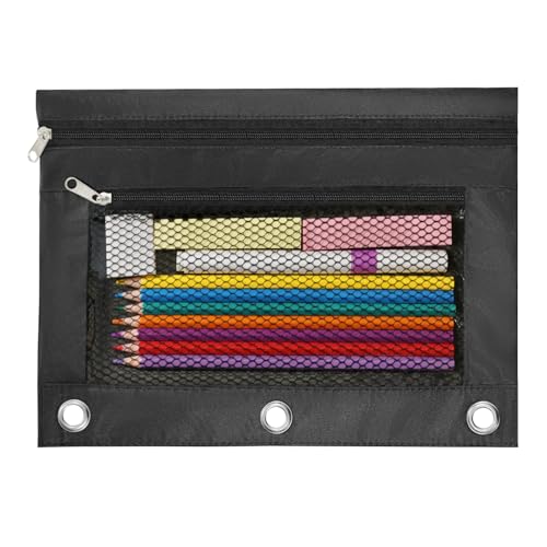 INNOIO 3 Ring Binder Pencil Pouch - School Pencil Case with 2 Zippered Pockets, Clear Mesh Window Pencil Bag, B5 Size, Back to School Gifts (Black) - Image 1