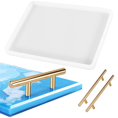 DSHE Silicone Mold Tray Geode 1pcs Agate Platter Molds and 2pcs Gold Handles, Epoxy Resin Casting Molds for Making Faux Agate Tray,Serving Board (molds with 2pcs Handles) - Image 1