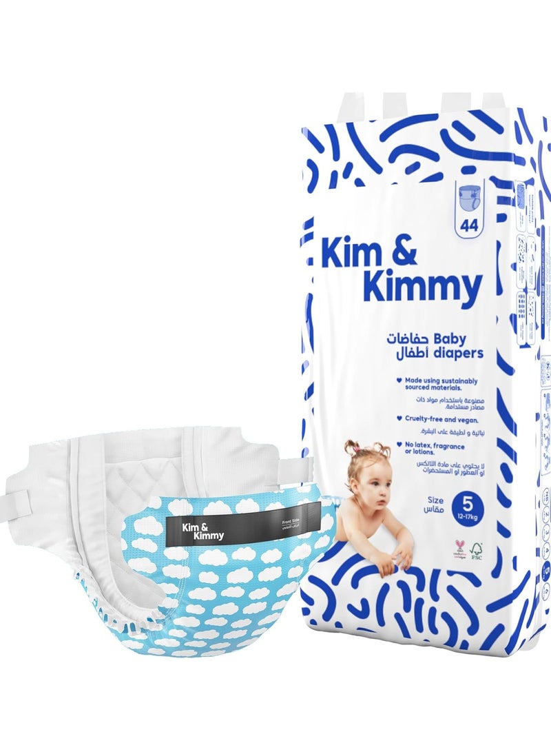 Kim & Kimmy Eco Diapers, Size 5, 12-17 kg, 44 Diapers - 12 Hour Leak Protection, No Rashes, Hypoallergenic, Ultra-Soft & Highly Absorbent - Cruelty Free & Vegan - Little Clouds