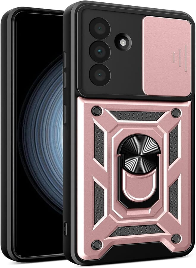 UNBLACK unblack case Compatible with Samsung Galaxy s24 FE, Premium Protection Back Case with Camera Slide Cover Built-in Ring Stand Shockproof Case For samsung s24 fe (Rose Gold)