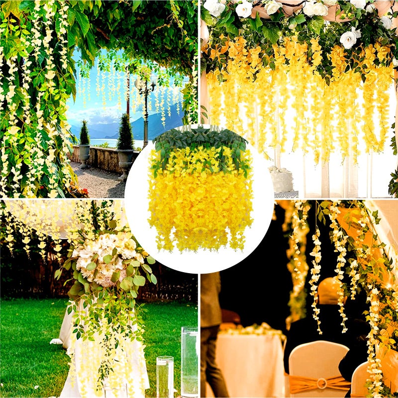 Luerbi Yellow Artificial Wisteria Flower Vines  3.77 Feet Yellow Wisteria Hanging Flowers Garland  24 Pack Fake Yellow Wisteria  Hanging Vines for Photo Backdrop  Trailing Flower  Yard Flower Vines Decor - Image 5