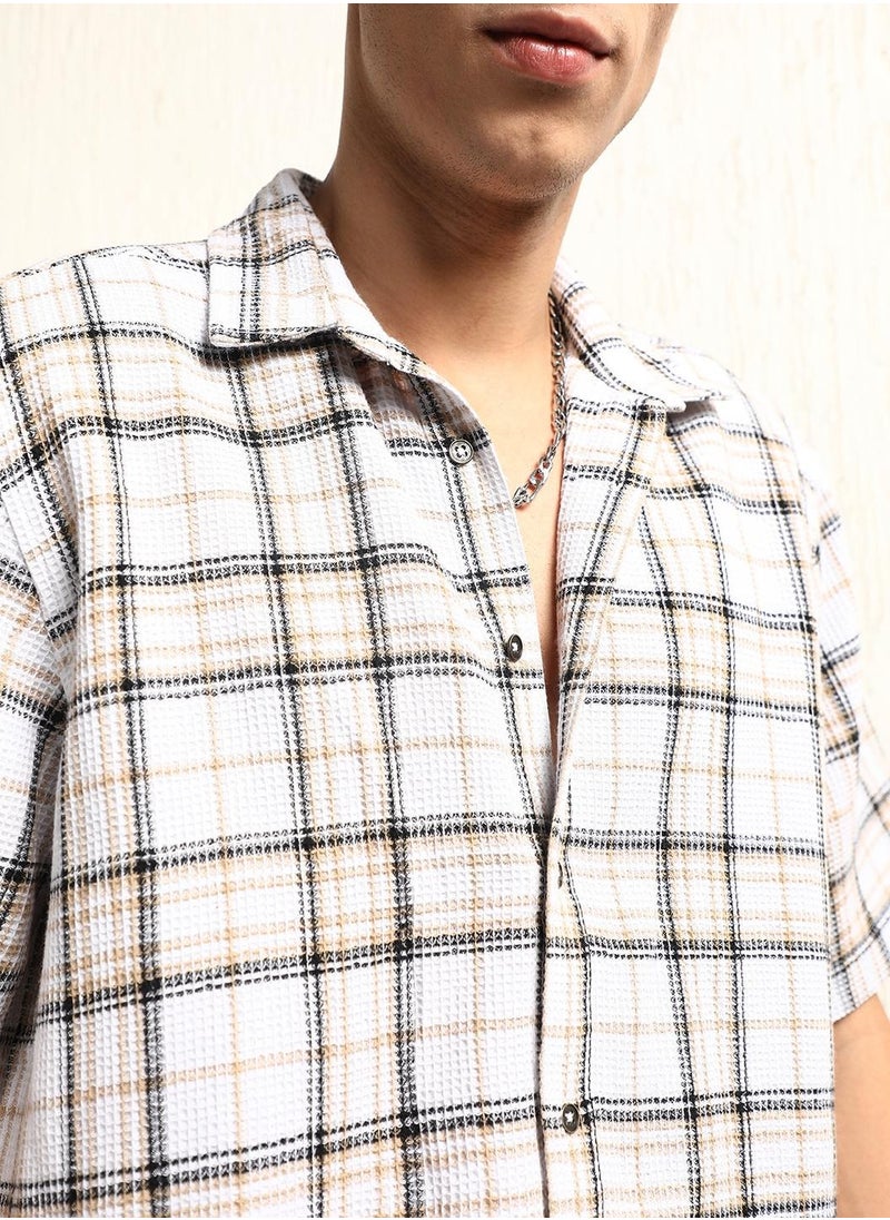 Hubberholme Oversized Multicolor Waffle Shirt for Men, Checked Design  - Image 5