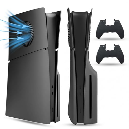 PEYANZ Faceplate Cover Compatible with PlayStation 5 Slim (Disc Edition) - Protective ABS Shell, Scratch-Resistant Matte Surface, Easy Installation, Includes 2 Silicone Covers (Black+) - Image 1