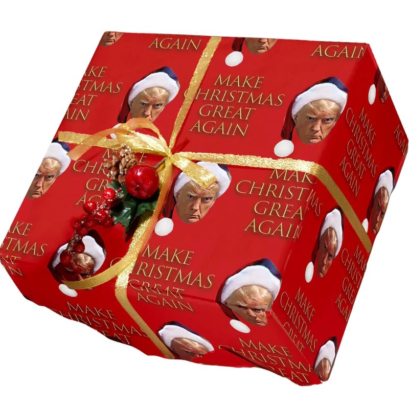 END THE WOKENESS Trump Christmas Wrapping Paper 4 Sheets 18 x 24 Each 18 x 96 Total Festive Holiday Gift Wrap with Donald Trump Design Funny Political Gag Gift - Image 2