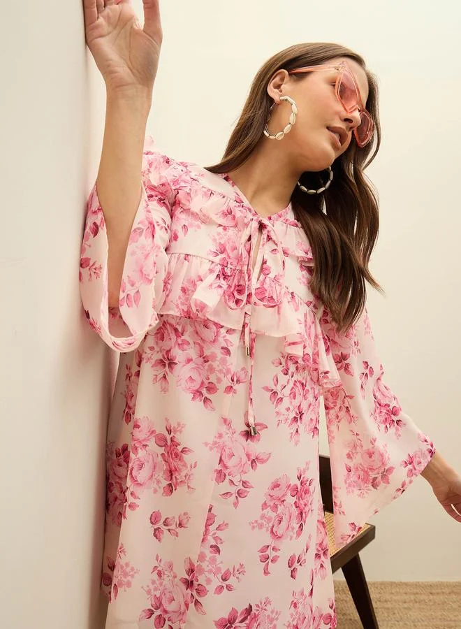 ساسافراس Sassafras Pink All-Over Floral Print Ruffle Trim A-Line Mini Dress
