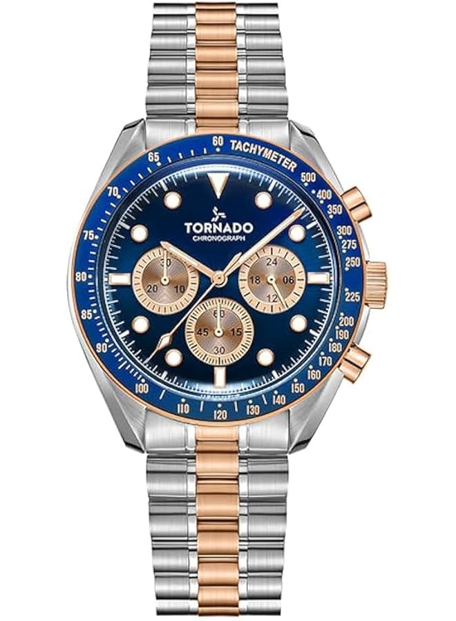 TORNADO Cosmic Chrono Men Miyota Js20 Movement Watch Chronograph Display And Polished Brushed Five Arched Links Solid Stainless Steel Bracelet Strap T22103 Kbkn Two Tone Gold Gold Bracelet