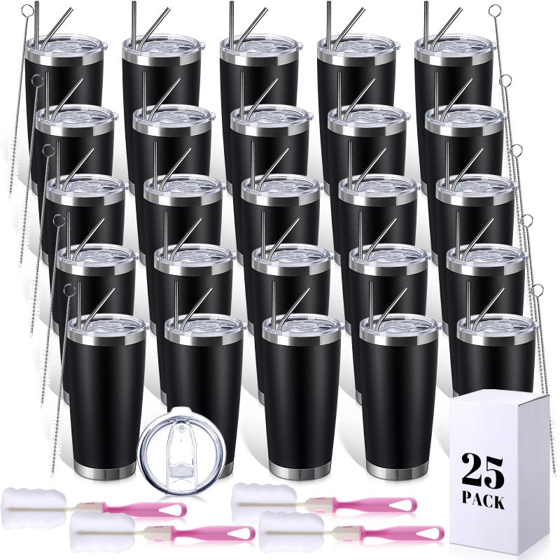 Sieral 25 Pack 20oz Tumbler Bulk Stainless Steel Cups Double Wall Vacuum Insulated Travel Mug Bulk Durable Tumblers with Lid and Straw Powder Coated Coffee Cups for Cold and Hot Drinks Black 