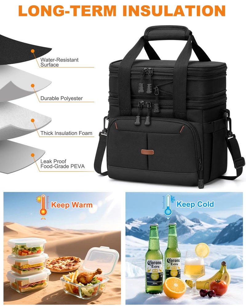 Pritent Lunch Box For Men Women Double Deck Insulated Lunch Bag For Men Woman Leakproof Expandable Cooler Bag with Adjustable Shoulder Strap for Work Picnic School(Black,Medium) - Image 4