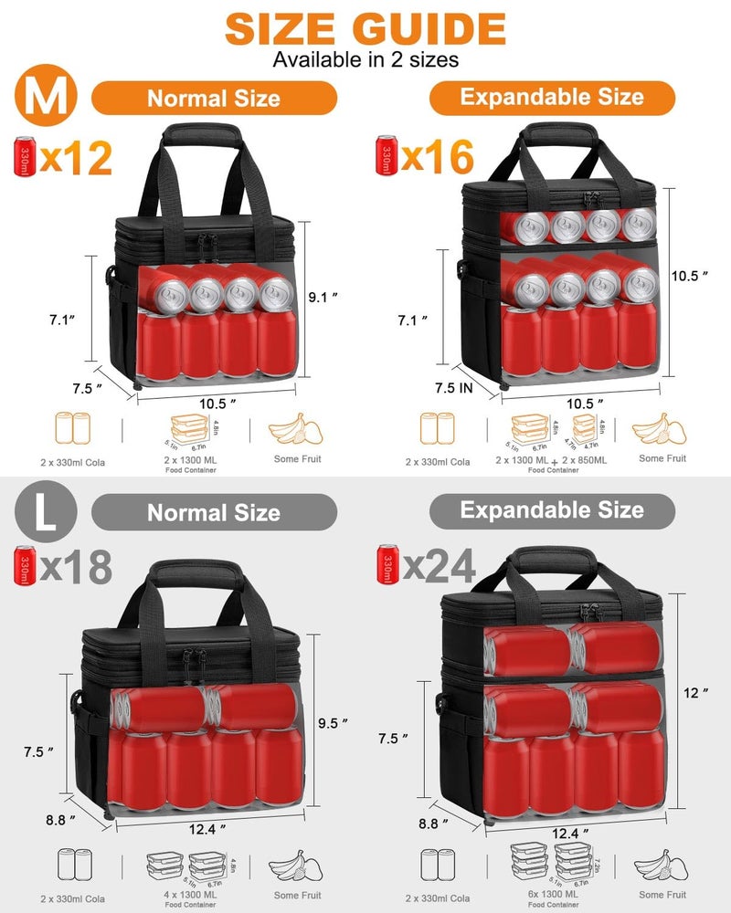 Pritent Lunch Box For Men Women Double Deck Insulated Lunch Bag For Men Woman Leakproof Expandable Cooler Bag with Adjustable Shoulder Strap for Work Picnic School(Black,Medium) - Image 3