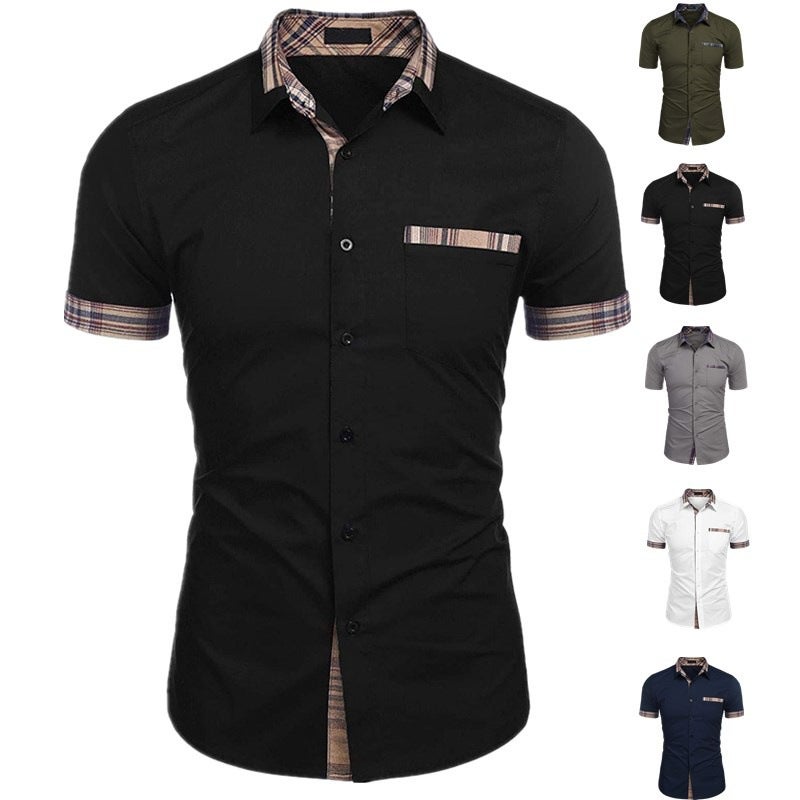 Men's short-sleeved 2021 summer clothes new European and American casual shirts men's plaid foreign trade business men's clothing Pink XL - Image 1