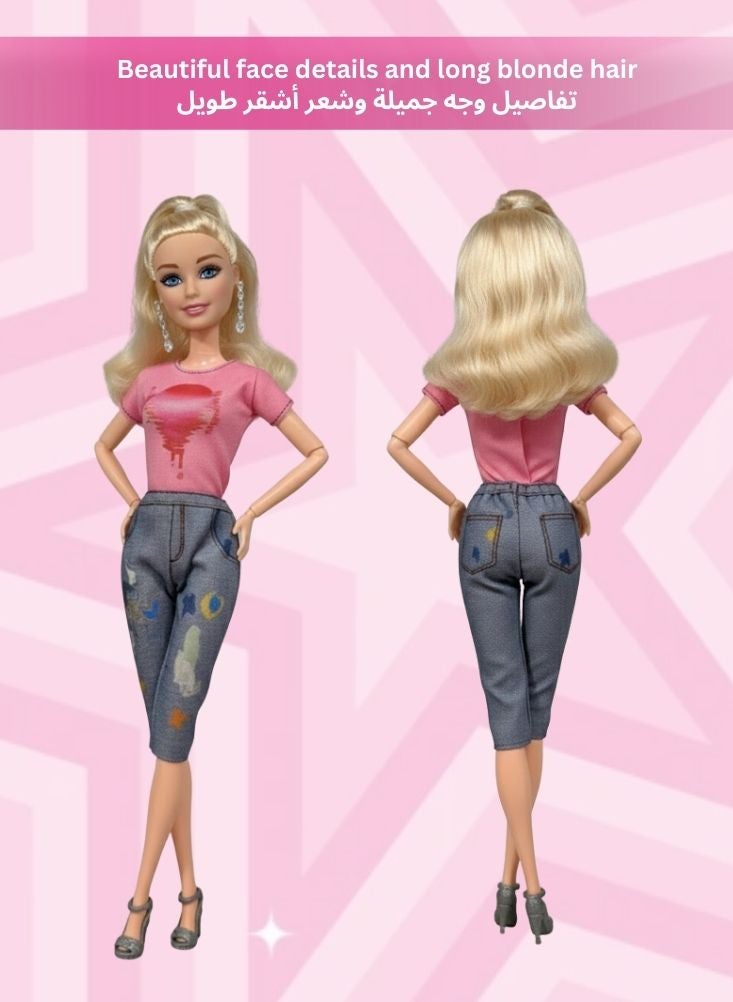 بريميم دمية باربي الأنيقة مع بالونات ملونة - دمية باربي شقراء ترتدي بلوزة وردية وبنطال جينز، لعبة تمثيلية للأطفال، هدية رائعة للفتيات - Image 4