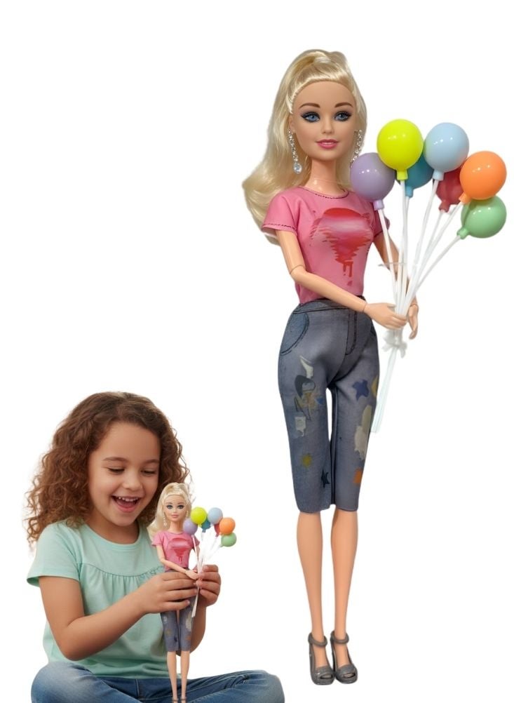 بريميم دمية باربي الأنيقة مع بالونات ملونة - دمية باربي شقراء ترتدي بلوزة وردية وبنطال جينز، لعبة تمثيلية للأطفال، هدية رائعة للفتيات - Image 1