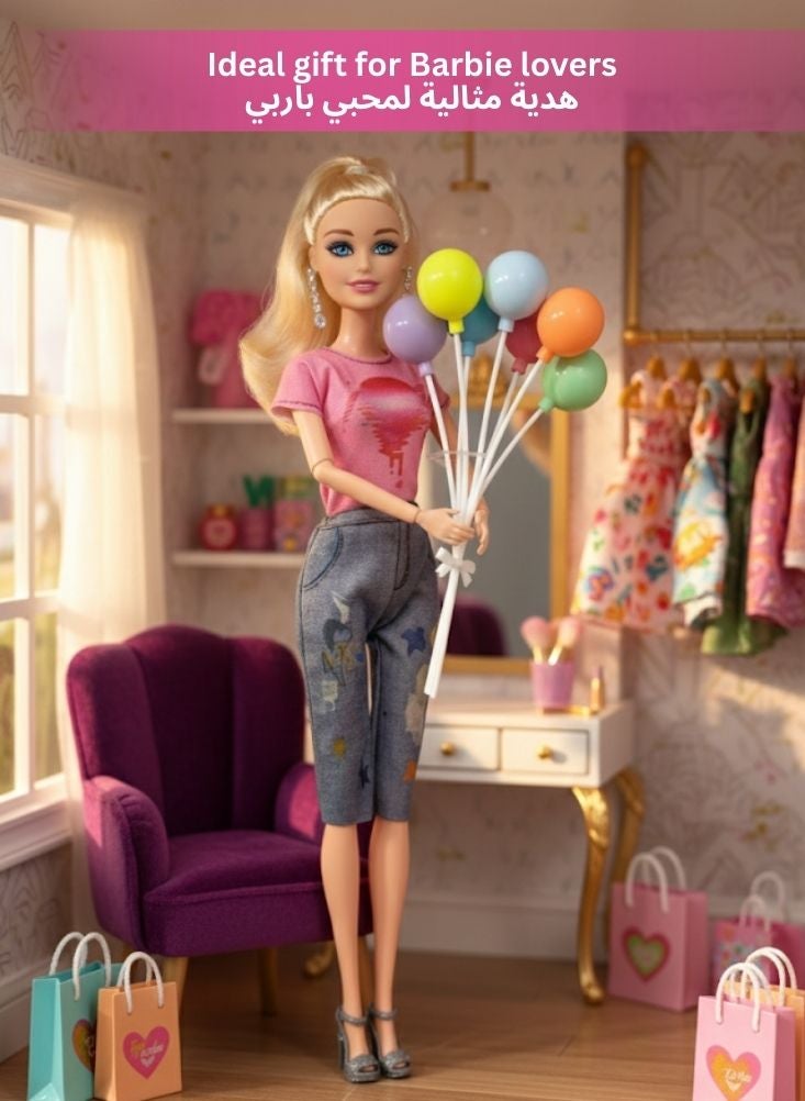 بريميم دمية باربي الأنيقة مع بالونات ملونة - دمية باربي شقراء ترتدي بلوزة وردية وبنطال جينز، لعبة تمثيلية للأطفال، هدية رائعة للفتيات - Image 2