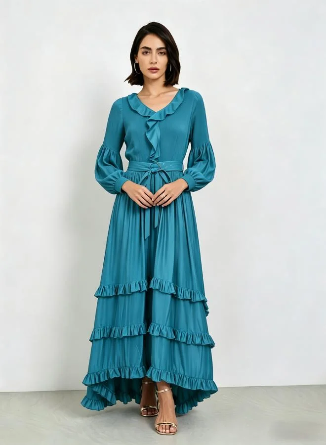 تايك تو Blue A-Line Midi Dress With Ruffles And Long Sleeves