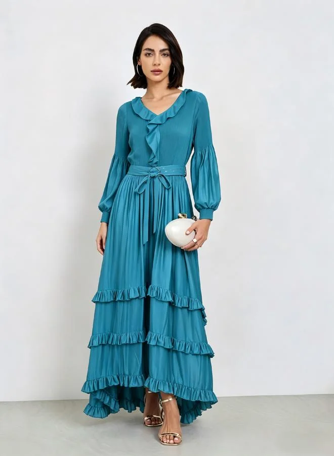 تايك تو Blue A-Line Midi Dress With Ruffles And Long Sleeves