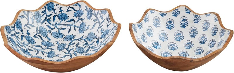 Mud Pie Small 4 x 12 Large 4 12 x 14 Dia Block Print Enamel Bowl Set Blue - Image 1