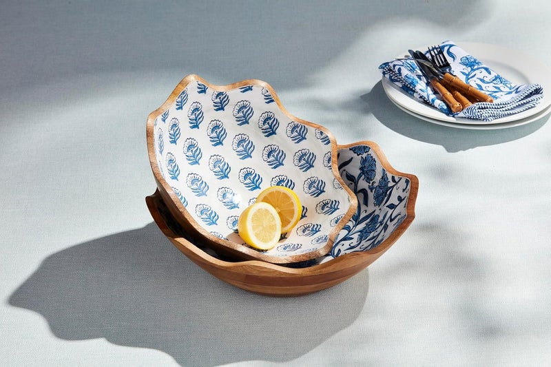 Mud Pie Small 4 x 12 Large 4 12 x 14 Dia Block Print Enamel Bowl Set Blue - Image 2