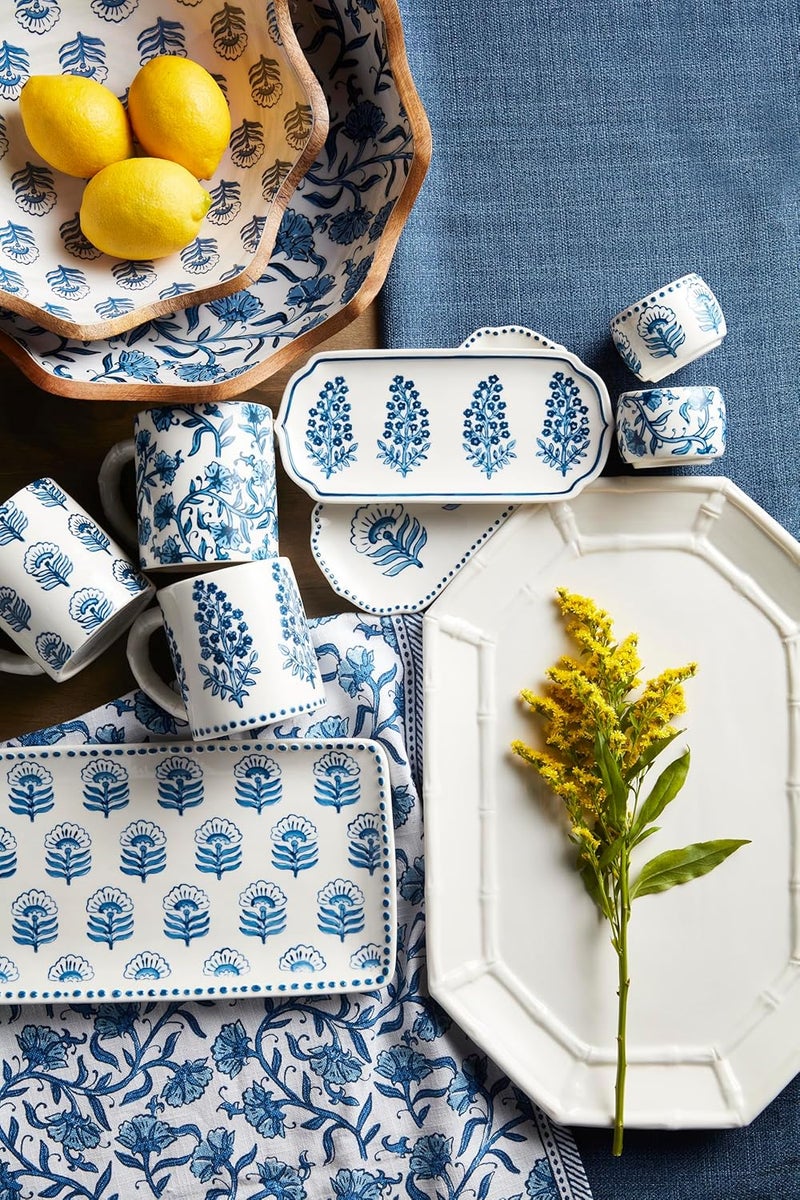 Mud Pie Small 4 x 12 Large 4 12 x 14 Dia Block Print Enamel Bowl Set Blue - Image 3