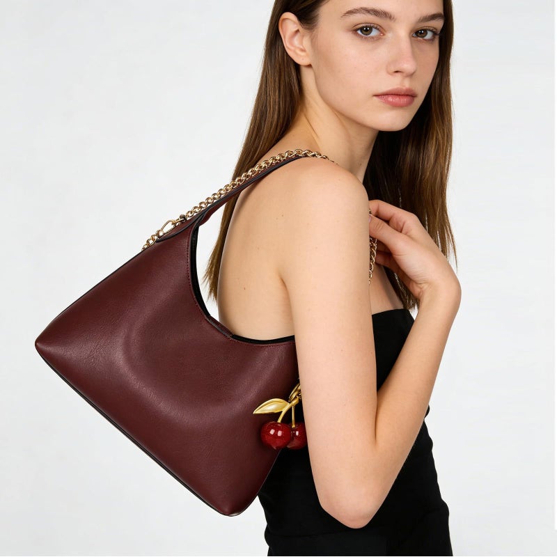 JQWSVE Small Hobo Bags for Women Cherry Shoulder Bag Purse Faux Leather Tote Handbag Trendy Chain Crossbody Bag - Image 2