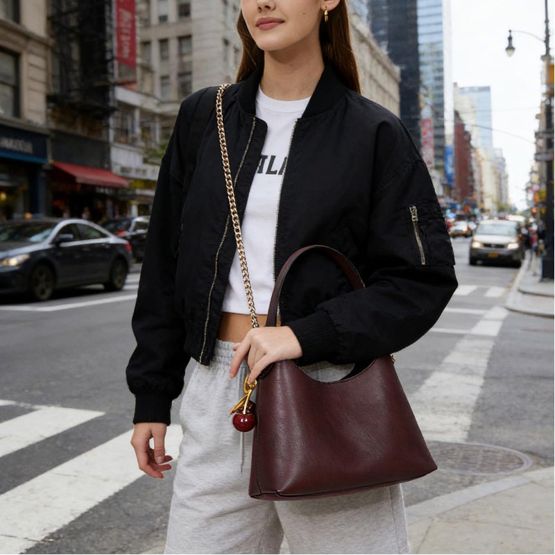 JQWSVE Small Hobo Bags for Women Cherry Shoulder Bag Purse Faux Leather Tote Handbag Trendy Chain Crossbody Bag - Image 3