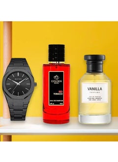 Two perfumes with a watch with a black strap and a black dial