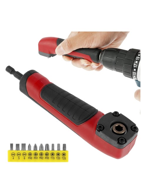 Right Angle Drill Attachment Electric Screwdriver Repair Set  1/4 Inch Right Angle Attachment Extension Screwdriver Socket Holder Drill Attachment with 10pcs Bits 90°degree Right Angle Drill Adapter