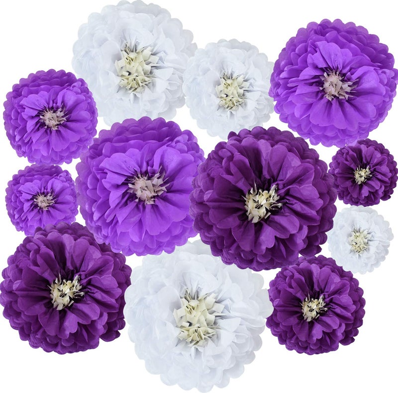 BEISHIDA Lavender Purple White Hanging Tissue Paper Flowers Paper Flowers DIY Crafting for Halloween Wedding Birthday Baby Shower Backdrop Nursery Wall Party Decoration12 Packs