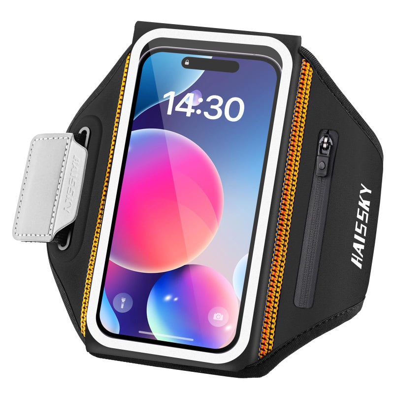 HAISSKY Running Armband with Earphone Bag Cell Phone Armband for iPhone 17 16 15 Pro 14 Plus 13 11 XR, Galaxy S24/S10 Water Resistant Sports Phone Holder Case & Zipper Slot Car Key Holder for 6.9 inch Phone - Image 1