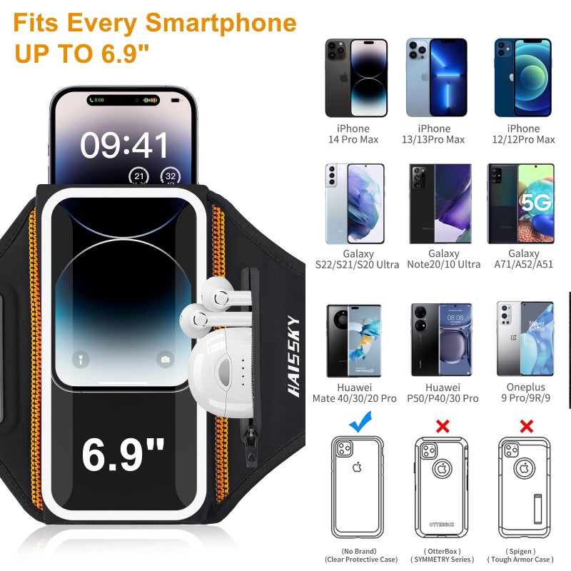 HAISSKY Running Armband with Earphone Bag Cell Phone Armband for iPhone 17 16 15 Pro 14 Plus 13 11 XR, Galaxy S24/S10 Water Resistant Sports Phone Holder Case & Zipper Slot Car Key Holder for 6.9 inch Phone - Image 3
