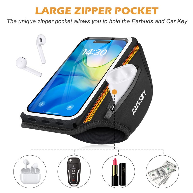 HAISSKY Running Armband with Earphone Bag Cell Phone Armband for iPhone 17 16 15 Pro 14 Plus 13 11 XR, Galaxy S24/S10 Water Resistant Sports Phone Holder Case & Zipper Slot Car Key Holder for 6.9 inch Phone - Image 2
