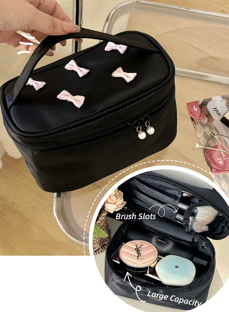 Paraphrase Elegant Large-Capacity Makeup Bag for Women – Cute Black Cosmetic Organizer with Pink Bows, Ideal for Daily Use & Travel - Image 1