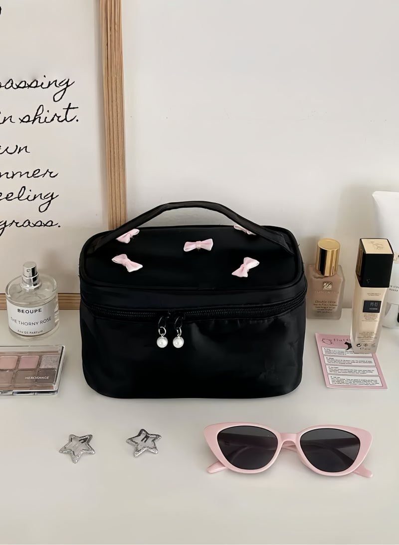 Paraphrase Elegant Large-Capacity Makeup Bag for Women – Cute Black Cosmetic Organizer with Pink Bows, Ideal for Daily Use & Travel - Image 2