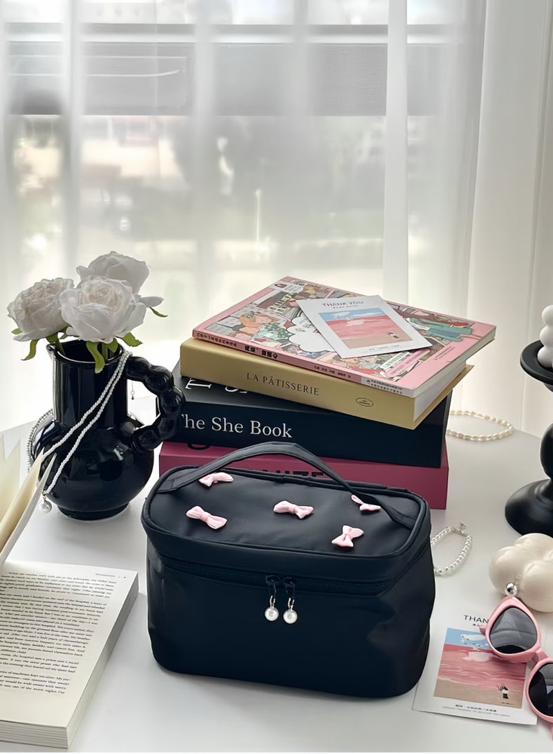 Paraphrase Elegant Large-Capacity Makeup Bag for Women – Cute Black Cosmetic Organizer with Pink Bows, Ideal for Daily Use & Travel - Image 3