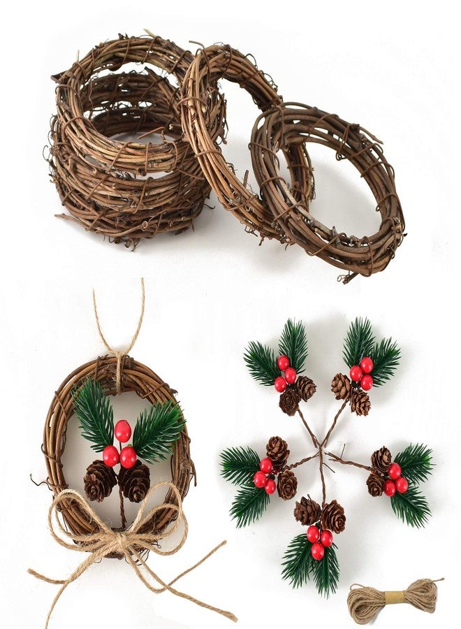 Luckforest 5 Pcs of 4.13-Inch Grapevine Wreath and 5 Pcs of 3.54-Inch Artificial Christmas Picks Assorted Red Berry for Christmas, Wedding, Party, Dinner Decor - Image 1