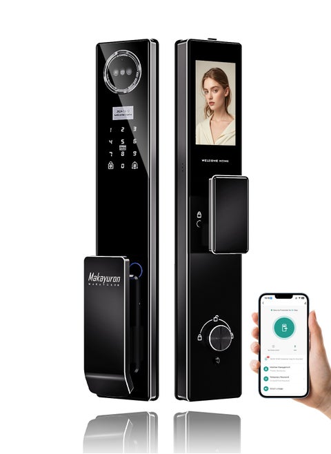 Smart Lock, Smart Door Lock Advanced 3D Infrared Dual-Face Recognition Smart Lock with Fingerprint, Palm Vein, Password, Card, Key Access, Tuya WiFi Remote Unlock & Emergency Type-C Power & 5000mAh Long-Lasting Battery