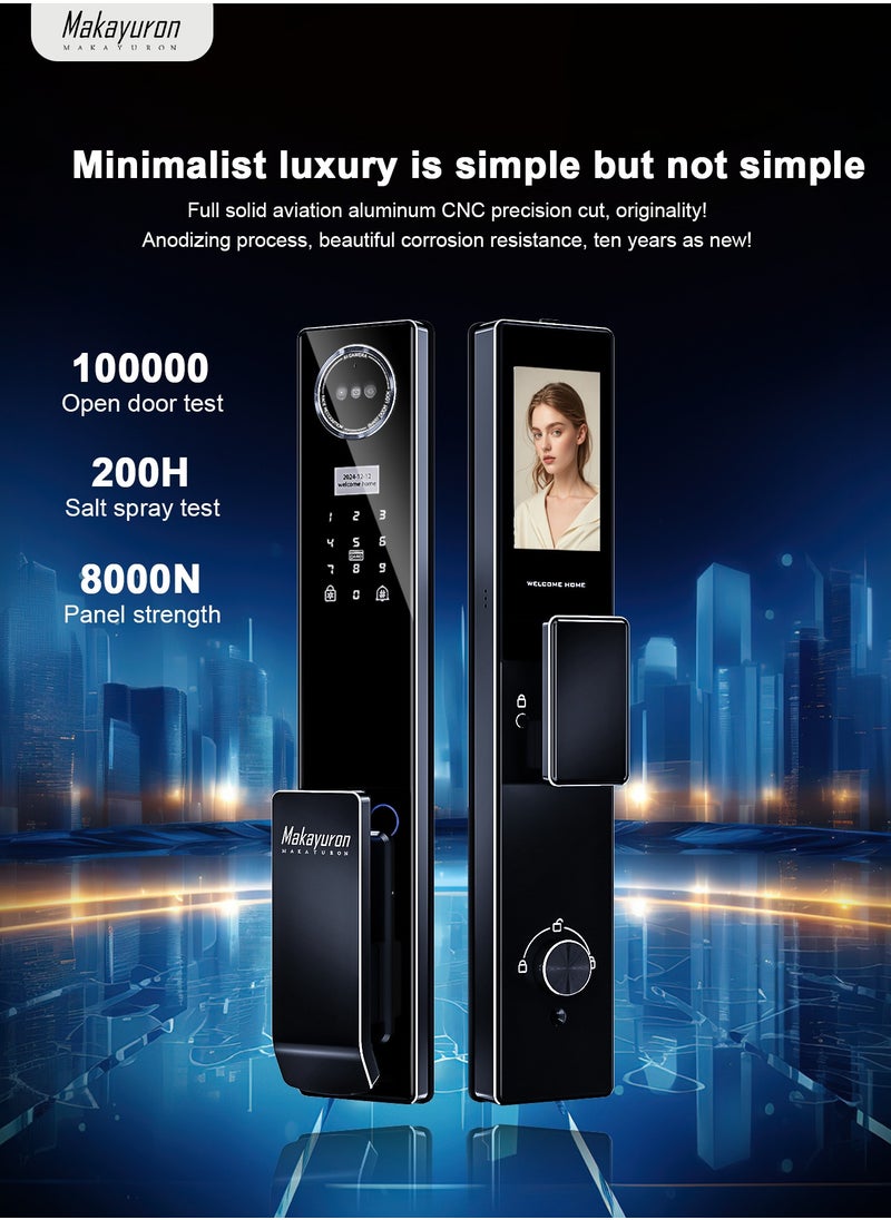 Makayuron - Smart Lock, Smart Door Lock Advanced 3D Infrared Dual-Face Recognition Smart Lock with Fingerprint, Palm Vein, Password, Card, Key Access, Tuya WiFi Remote Unlock & Emergency Type-C Power & 5000mAh Long-Lasting Battery - Image 1