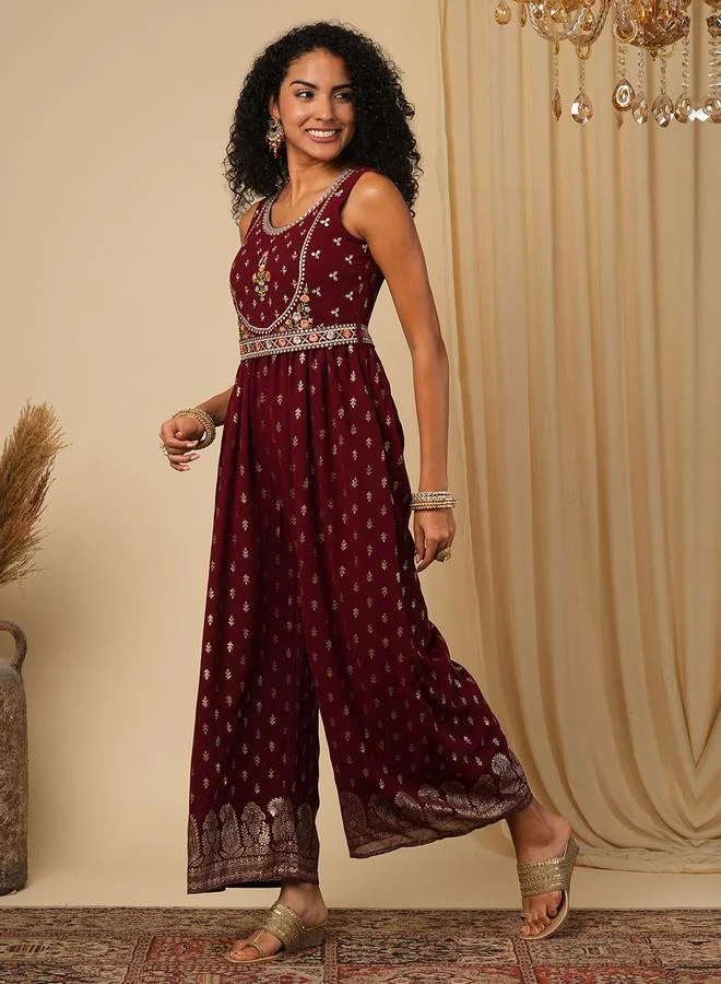 globus Globus Embroidered Motifs Foil Print Pleated Jumpsuit with Belt