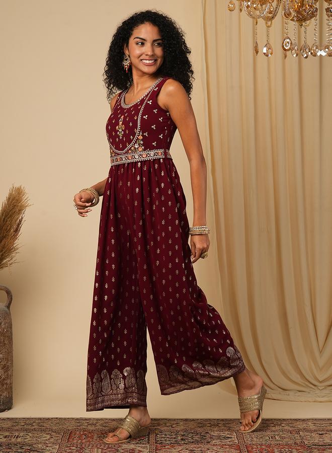 Globus Embroidered Motifs Foil Print Pleated Jumpsuit with Belt - Image 2