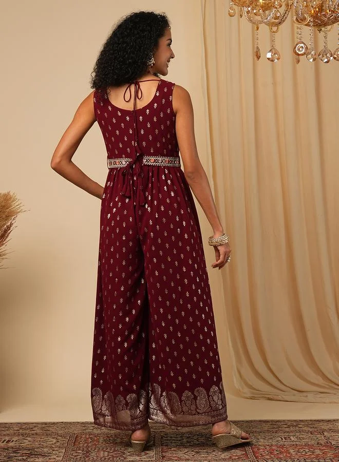 globus Globus Embroidered Motifs Foil Print Pleated Jumpsuit with Belt
