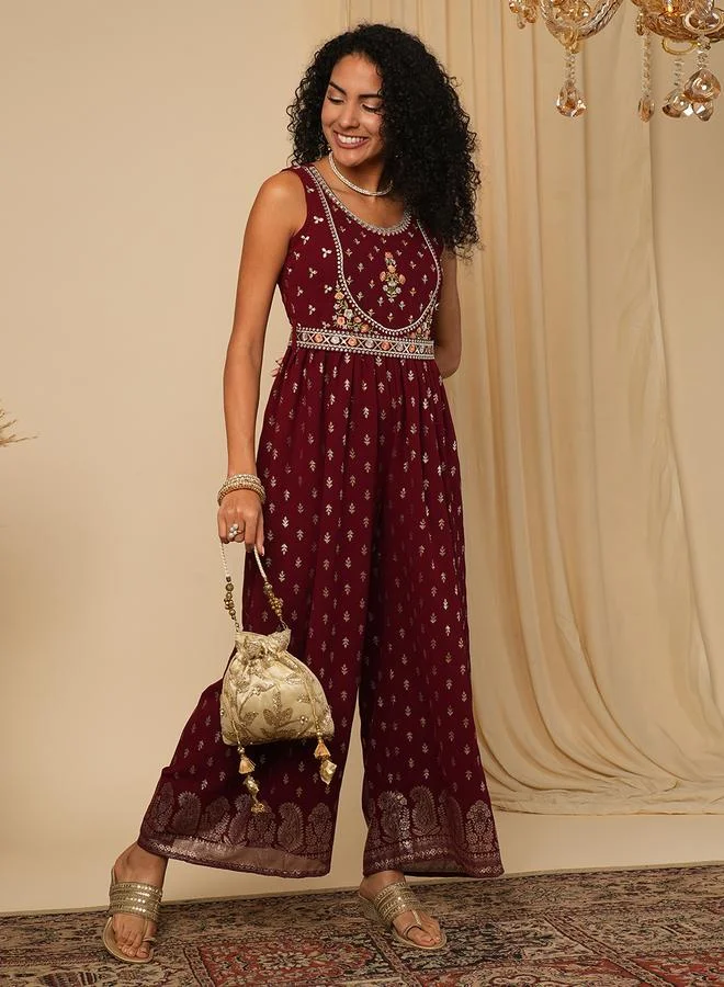 globus Globus Embroidered Motifs Foil Print Pleated Jumpsuit with Belt