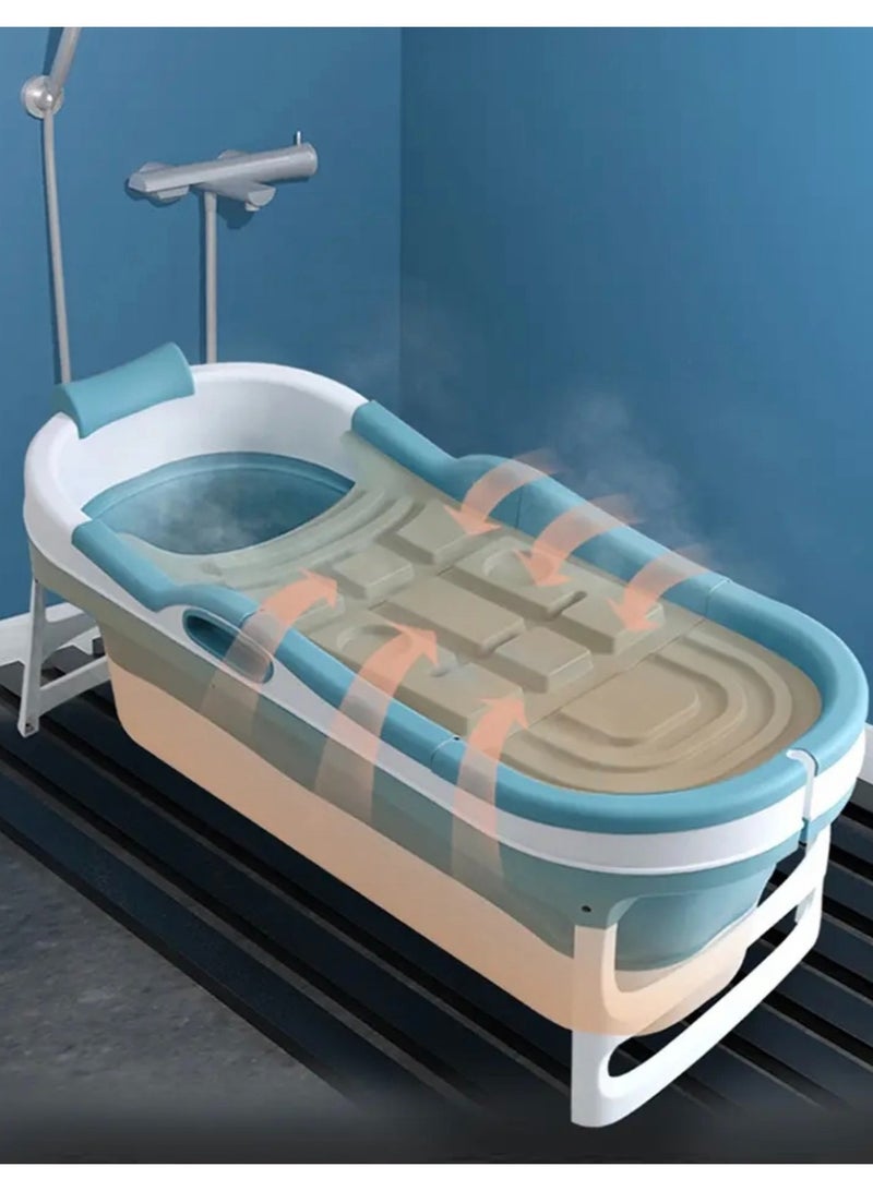 بانيو حوض استحمام قابل للطي للكبار مع وسادة للرقبة و مميزات مريحة وتصميم موفر للمساحة لون أزرق