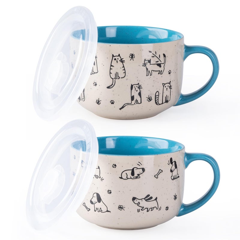 AmorArc 32 Ounces Ceramic Soup Mugs with Lids and Handle, Stoneware Bowls Cup Set of 2 for Soup, Stew, Noodle, Beautiful Mug Bowls With Lovely Dog,Cat Patterns, Microwave&Dishwasher Safe, Blue - Image 1