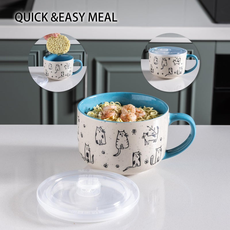 AmorArc 32 Ounces Ceramic Soup Mugs with Lids and Handle, Stoneware Bowls Cup Set of 2 for Soup, Stew, Noodle, Beautiful Mug Bowls With Lovely Dog,Cat Patterns, Microwave&Dishwasher Safe, Blue - Image 4