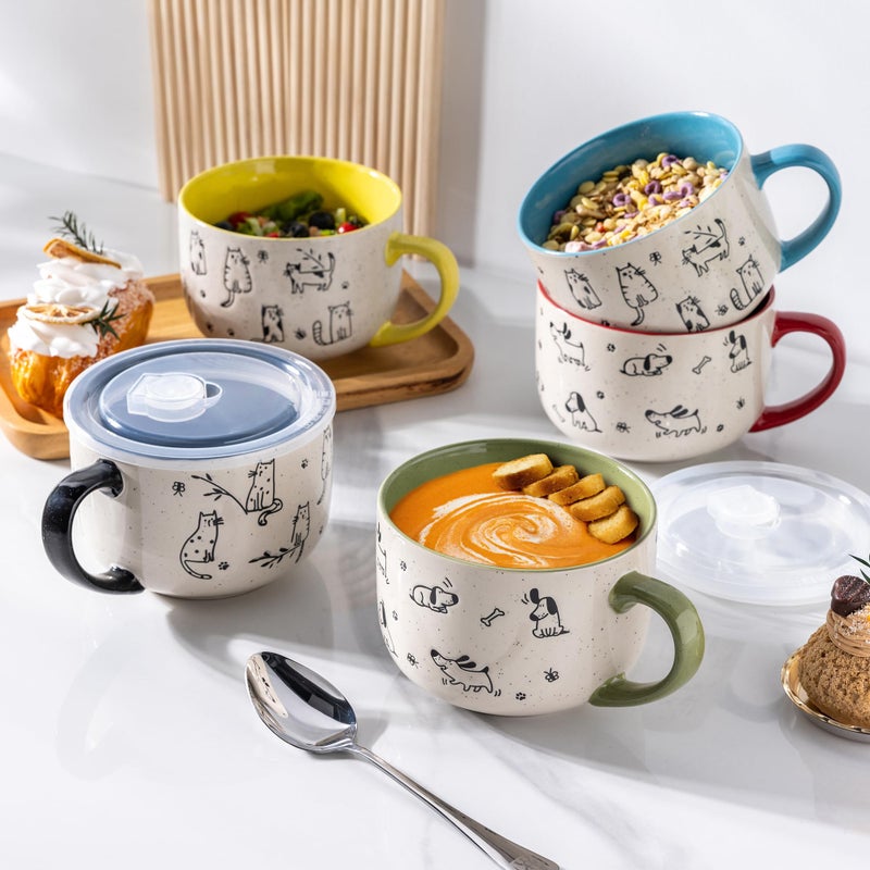 AmorArc 32 Ounces Ceramic Soup Mugs with Lids and Handle, Stoneware Bowls Cup Set of 2 for Soup, Stew, Noodle, Beautiful Mug Bowls With Lovely Dog,Cat Patterns, Microwave&Dishwasher Safe, Blue - Image 5