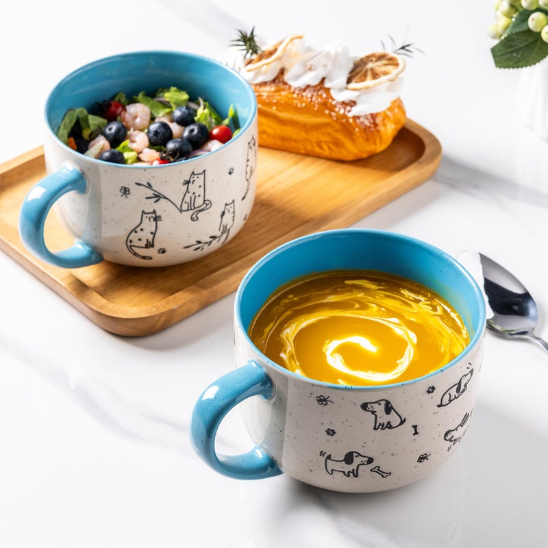 AmorArc 32 Ounces Ceramic Soup Mugs with Lids and Handle, Stoneware Bowls Cup Set of 2 for Soup, Stew, Noodle, Beautiful Mug Bowls With Lovely Dog,Cat Patterns, Microwave&Dishwasher Safe, Blue - Image 3