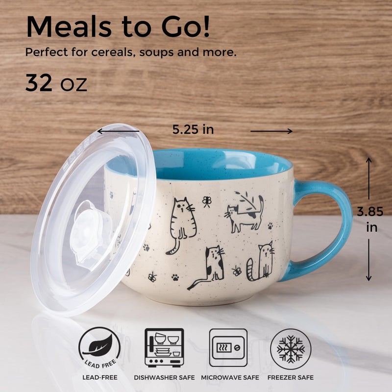 AmorArc 32 Ounces Ceramic Soup Mugs with Lids and Handle, Stoneware Bowls Cup Set of 2 for Soup, Stew, Noodle, Beautiful Mug Bowls With Lovely Dog,Cat Patterns, Microwave&Dishwasher Safe, Blue - Image 2