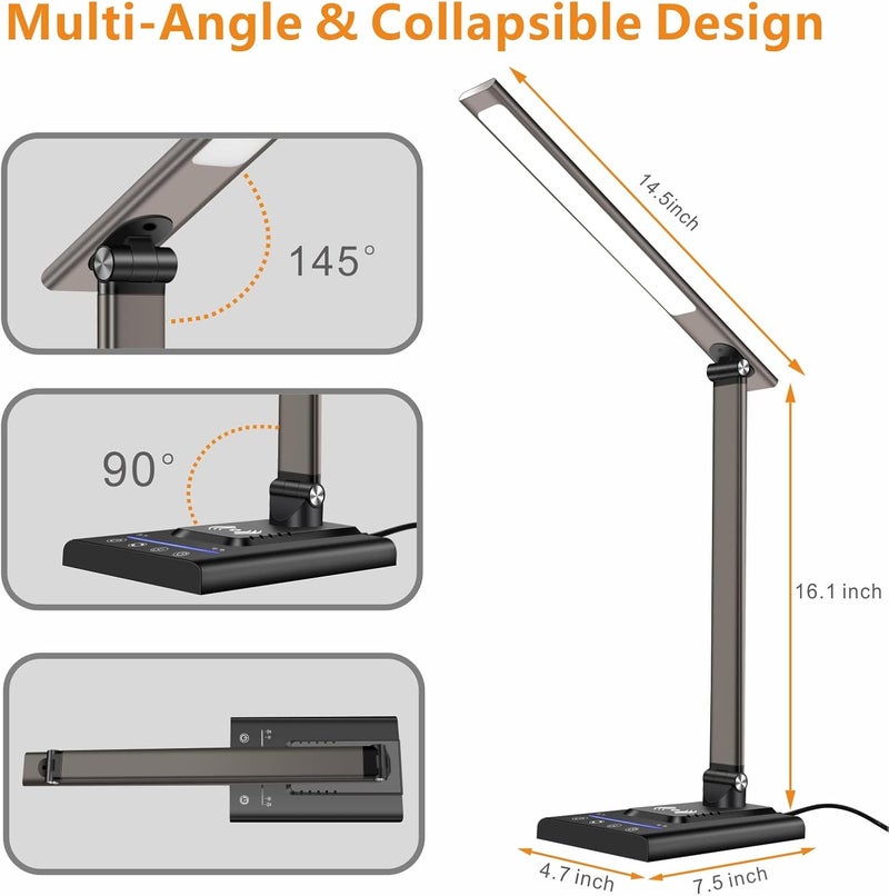 YIMI LED Desk Lamp Table Lamps with Fast Wireless Charger & USB Charging Port, 12W Reading Desk Lights with 35 Dimmable Adjustable Lighting, Smart Timer, Eye-caring Office Light for Home Office,Study(Grey) - Image 5